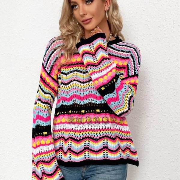 Women's Sweater Striped Panel Rainbow Cutout Loose Knit Pullover Top